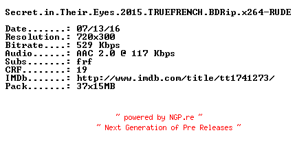 NFO for the release Secret.in.Their.Eyes.2015.TRUEFRENCH.BDRip.x264-RUDE by RUDE