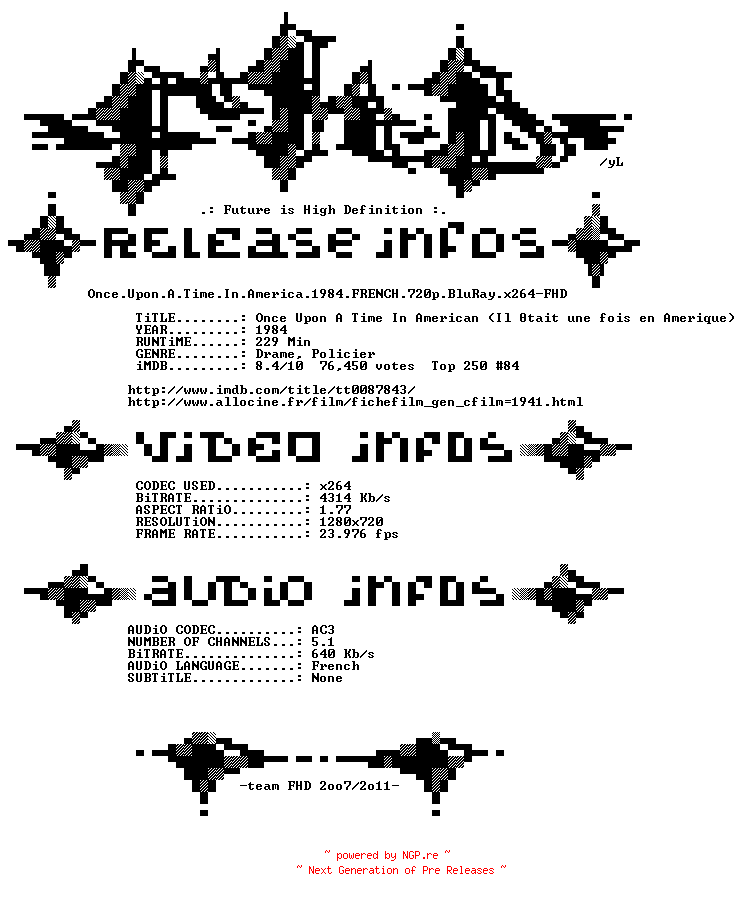 NFO for the release Once.Upon.A.Time.In.America.1984.FRENCH.720p.BluRay.x264-FHD by FHD