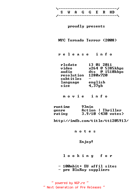 NFO for the release NYC.Tornado.Terror.2008.720p.BluRay.x264-SWAGGERHD by SWAGGERHD