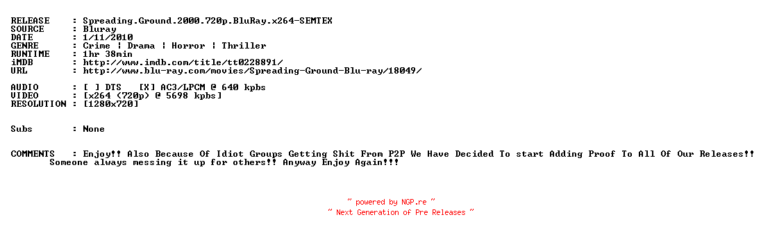 NFO for the release Spreading.Ground.2000.720p.BluRay.x264-SEMTEX by SEMTEX