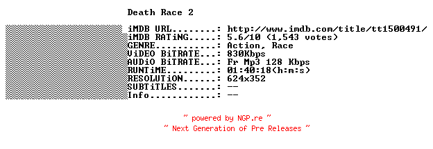 NFO for the release Death.Race.2.2010.STV.FRENCH.BDRiP.XViD-THENiGHTMARE by THENiGHTMARE