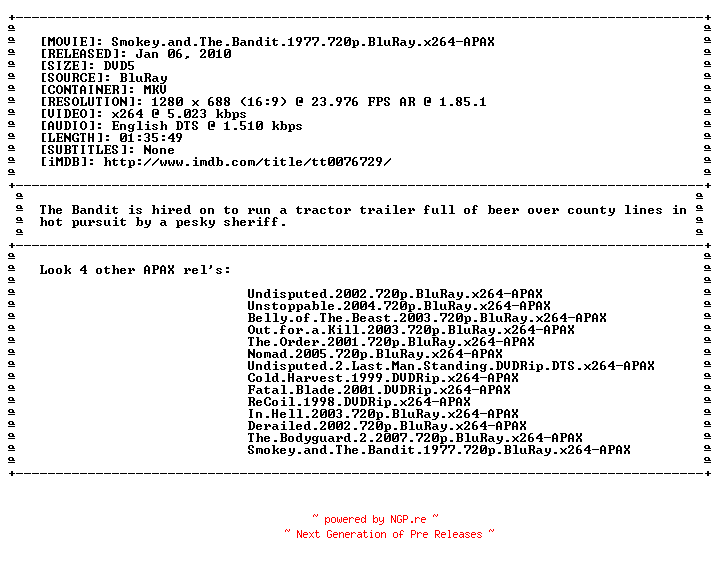 NFO for the release Smokey.and.The.Bandit.1977.720p.BluRay.x264-APAX by APAX