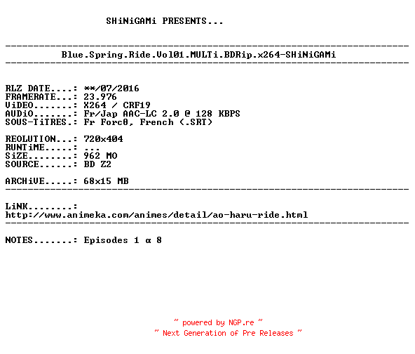 NFO for the release Blue.Spring.Ride.Vol01.MULTi.BDRip.x264-SHiNiGAMi by SHiNiGAMi
