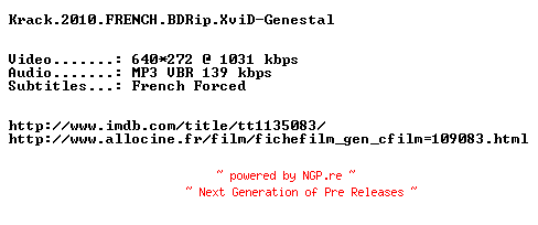 NFO for the release Krach.2010.FRENCH.BDRip.XviD-Genestal by Genestal