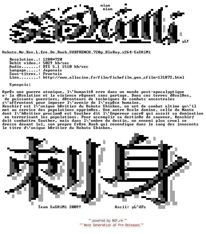 NFO for the release Hokuto.No.Ken.L.Ere.De.Raoh.SUBFRENCH.720p.BluRay.x264-SaSHiMi by SaSHiMi