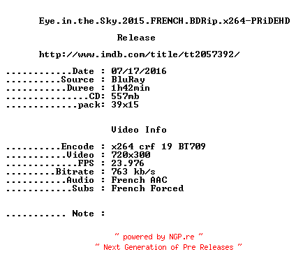 NFO for the release Eye.in.the.Sky.2015.FRENCH.BDRip.x264-PRiDEHD by PRiDEHD