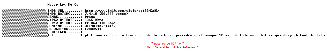 NFO for the release Never.Let.Me.Go.2010.REPACK.FRENCH.720p.BluRay.x264-THENiGHTMAREiNHD by THENiGHTMAREiNHD