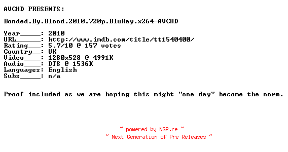 NFO for the release Bonded.By.Blood.2010.720p.BluRay.x264-AVCHD by AVCHD