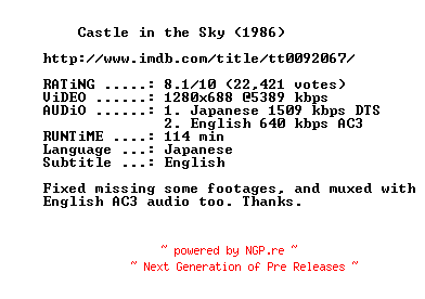 NFO for the release Castle.In.The.Sky.1986.720p.BluRay.x264.REPACK-MELiTE by MELiTE