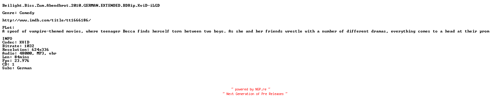 NFO for the release Beilight.Biss.Zum.Abendbrot.2010.GERMAN.EXTENDED.BDRip.XviD-iLGD by iLGD