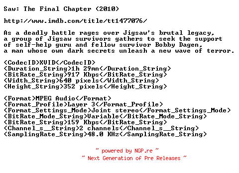 NFO for the release Saw.VII.The.Final.Chapter.BDRip.XviD-Jigsaw by Jigsaw