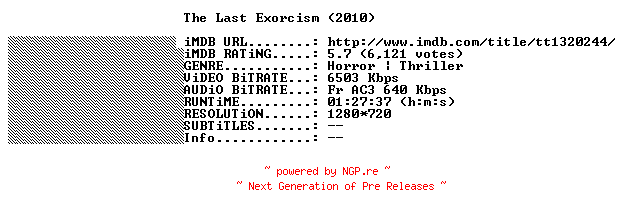 NFO for the release The.Last.Exorcism.FRENCH.720p.BluRay.x264-THENiGHTMAREiNHD by THENiGHTMAREiNHD