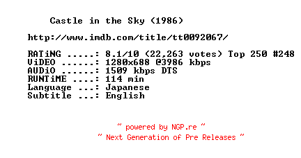 NFO for the release Castle.In.The.Sky.1986.720p.BluRay.x264-MELiTE by MELiTE