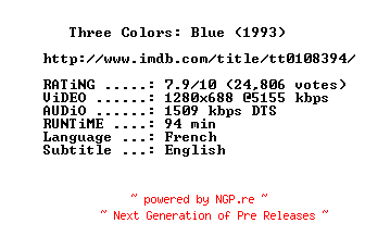 NFO for the release Three.Colors.Blue.1993.720p.BluRay.x264-MELiTE by MELiTE