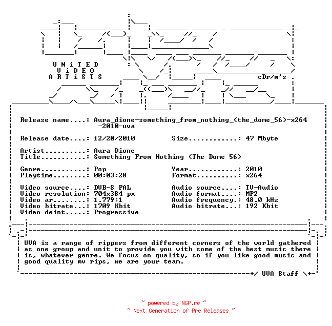 NFO for the release Aura_dione-something_from_nothing_(the_dome_56)-x264-2010-uva by uva