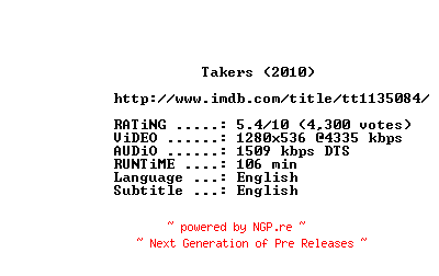 NFO for the release Takers.2010.720p.BluRay.x264-METiS by METiS