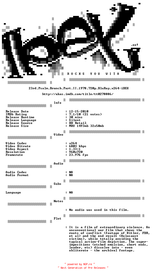 NFO for the release 23rd.Psalm.Branch.Part.II.1978.720p.BluRay.x264-iBEX by iBEX