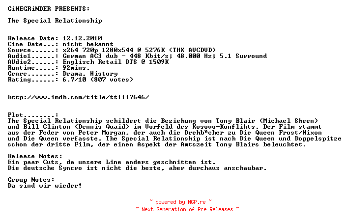 NFO for the release The.Special.Relationship.German.DL.AC3.Dubbed.720p.BluRay.x264-CiNEGRiNDER by CiNEGRiNDER