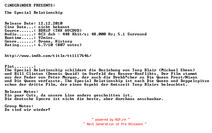 NFO for the release The.Special.Relationship.BDRiP.AC3.Dubbed.German.XViD-CiNEGRiNDER by CiNEGRiNDER