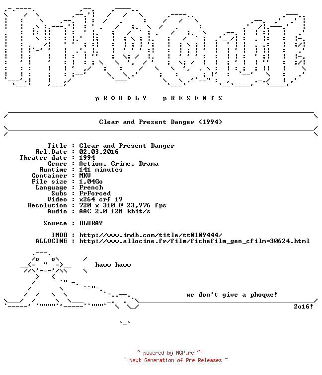 NFO for the release Clear.And.Present.Danger.1994.FRENCH.BDRip-PHoQUE by PHoQUE