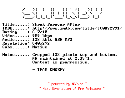 NFO for the release Shrek.Forever.After.2010.SWEDISH.BDRip.XviD-SMOKEY by SMOKEY
