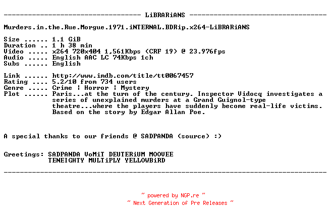 NFO for the release Murders.in.the.Rue.Morgue.1971.iNTERNAL.BDRip.x264-LiBRARiANS by LiBRARiANS