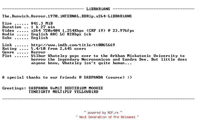 NFO for the release The.Dunwich.Horror.1970.iNTERNAL.BDRip.x264-LiBRARiANS by LiBRARiANS