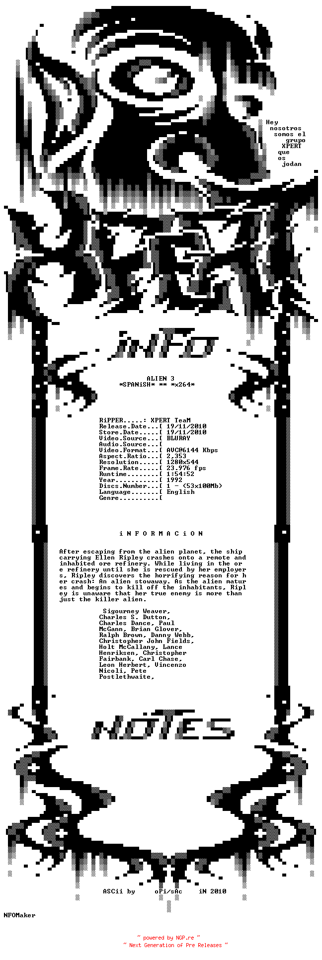 NFO for the release Alien.3.1992.SPANiSH.720p.BluRay.x264-XPERT_HD by XPERT_HD