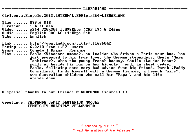 NFO for the release Girl.on.a.Bicycle.2013.iNTERNAL.BDRip.x264-LiBRARiANS by LiBRARiANS