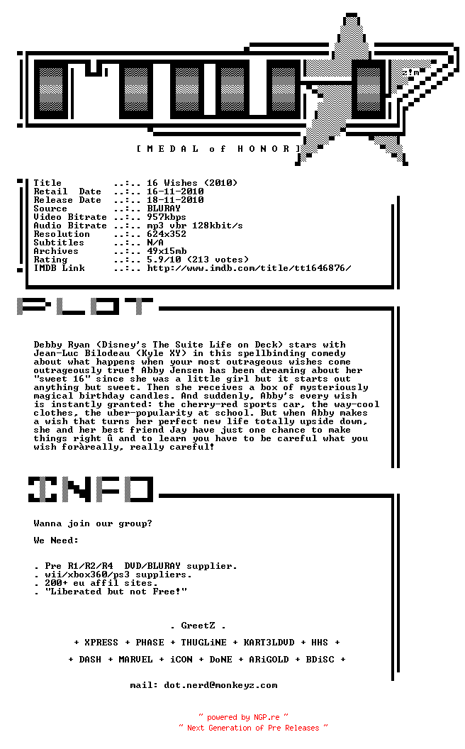 NFO for the release 16.Wishes.2010.BDRip.XviD-MoH by MoH