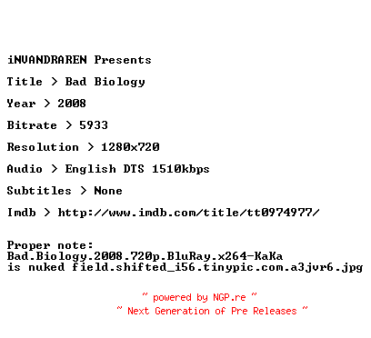 NFO for the release Bad.Biology.2008.720p.PROPER.BluRay.x264-iNVANDRAREN by iNVANDRAREN