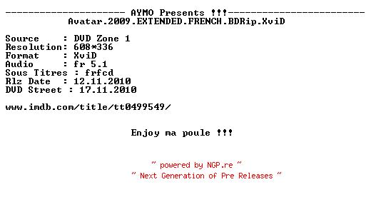 NFO for the release Avatar.2009.EXTENDED.FRENCH.BDRip.XviD-AYMO by AYMO