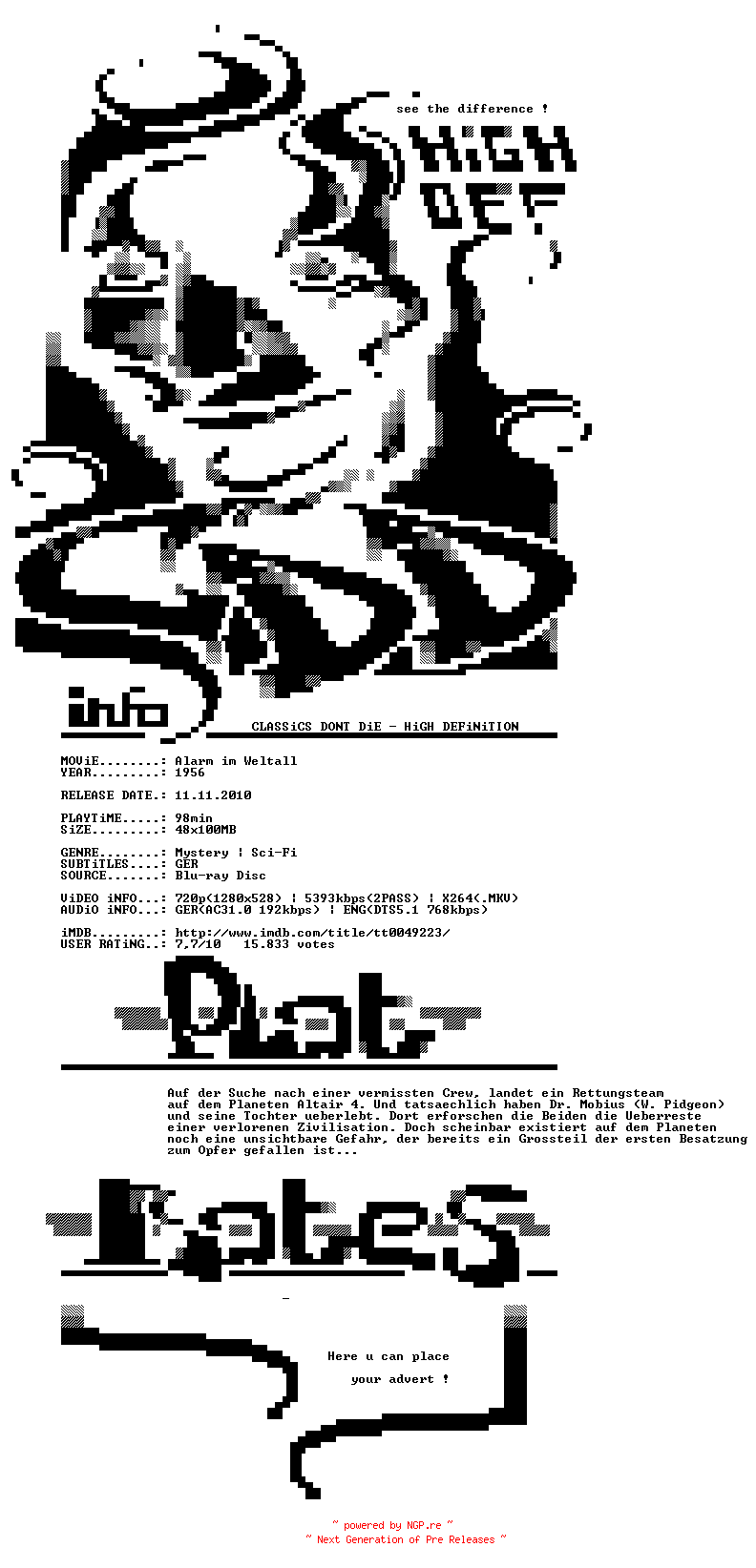 NFO for the release Alarm.im.Weltall.1956.German.DL.720p.BluRay.x264-CDD by CDD
