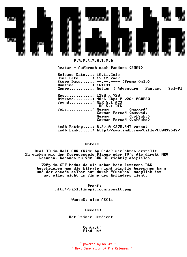 NFO for the release Avatar.Aufbruch.nach.Pandora.3D.2009.German.DL.720p.BluRay3D.x264-ANCIENT by ANCIENT