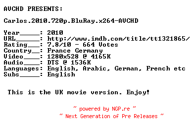 NFO for the release Carlos.2010.720p.BluRay.x264-AVCHD by AVCHD