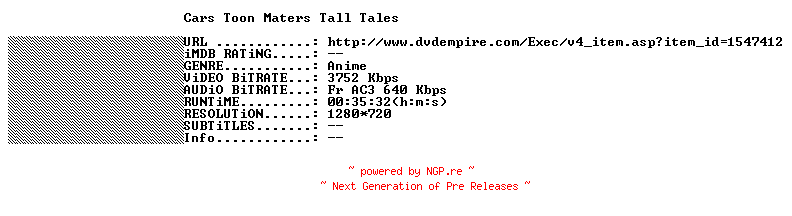 NFO for the release Cars.Toon.Maters.Tall.Tales.2008.STV.FRENCH.720p.BluRay.x264-THENiGHTMAREiNHD by THENiGHTMAREiNHD