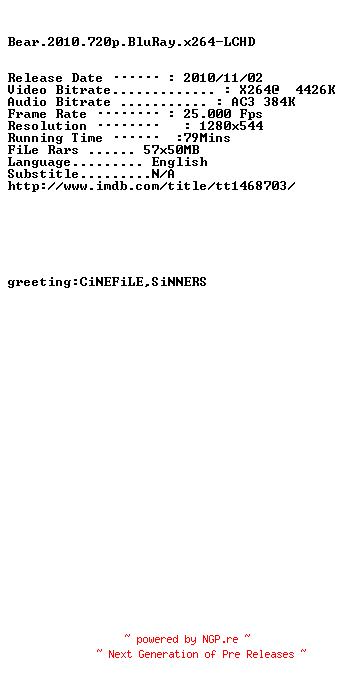 NFO for the release Bear.2010.720p.BluRay.x264-LCHD by LCHD