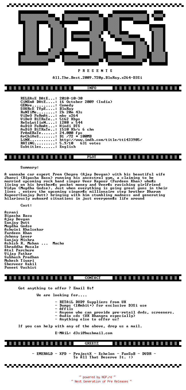 NFO for the release All.The.Best.2009.720p.BluRay.x264-D3Si by D3Si