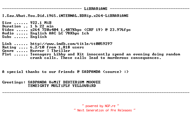 NFO for the release I.Saw.What.You.Did.1965.iNTERNAL.BDRip.x264-LiBRARiANS by LiBRARiANS