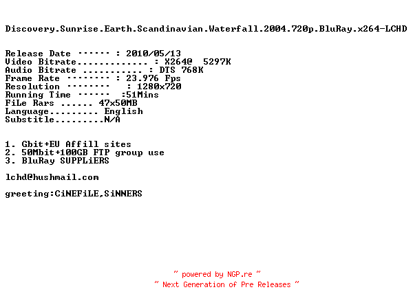 NFO for the release Discovery.Sunrise.Earth.Scandinavian.Waterfall.2004.720p.BluRay.x264-LCHD by LCHD
