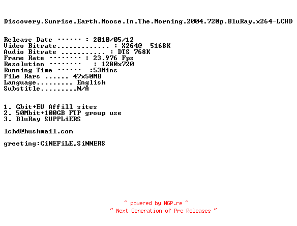 NFO for the release Discovery.Sunrise.Earth.Moose.In.The.Morning.2004.720p.BluRay.x264-LCHD by LCHD