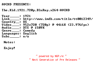 NFO for the release The.Kid.1921.720p.BluRay.x264-AVCHD by AVCHD