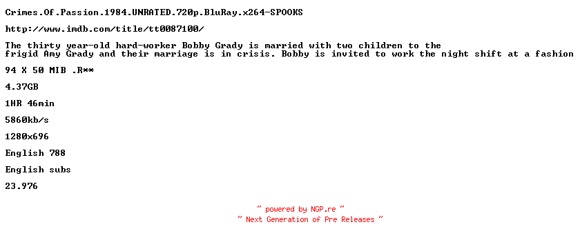 NFO for the release Crimes.Of.Passion.1984.UNRATED.720p.BluRay.x264-SPOOKS by SPOOKS