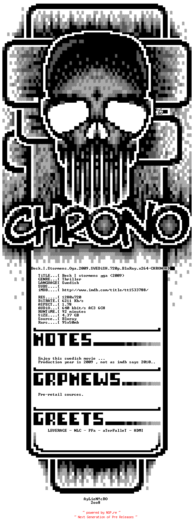 NFO for the release Beck.I.Stormens.Oga.2009.SWEDiSH.720p.BluRay.x264-CHRONOHD by CHRONOHD