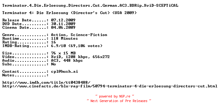 NFO for the release Terminator.4.Die.Erloesung.Directors.Cut.German.AC3.BDRip.XviD-SCEPTiCAL by SCEPTiCAL