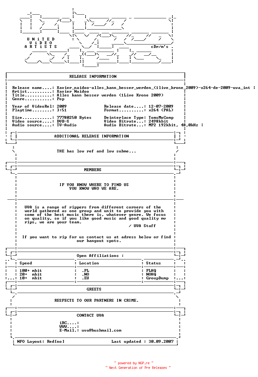 NFO for the release Xavier_naidoo-alles_kann_besser_werden_(1live_krone_2009)-proper-x264-de-2009-uva by uva