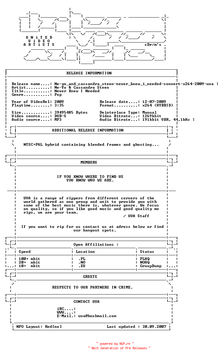 NFO for the release Ne-yo_and_cassandra_steen-never_knew_i_needed-convert-x264-2009-uva by uva