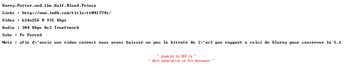 NFO for the release Harry.Potter.and.the.Half.Blood.Prince.FRENCH.BDRiP.XviD-SURViVAL by SURViVAL