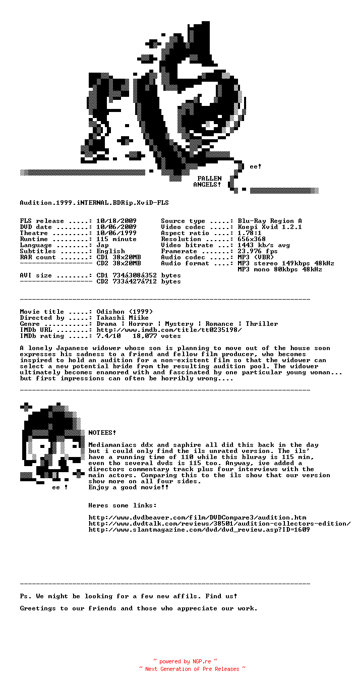 NFO for the release Audition.1999.iNTERNAL.BDRip.XviD-FLS by FLS