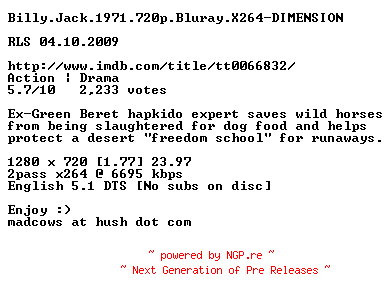NFO for the release Billy.Jack.1971.720p.Bluray.X264-DIMENSION by DIMENSION